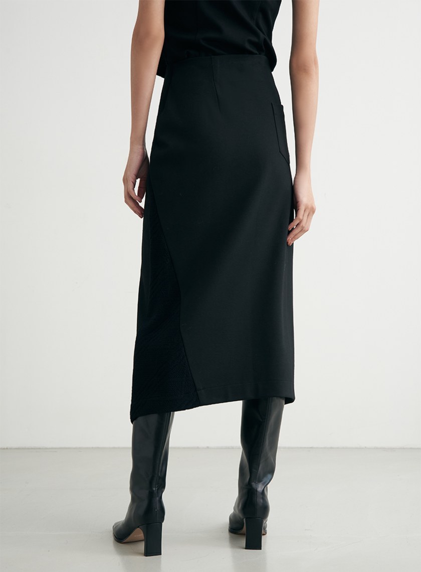 異材質拼接開衩直筒裙